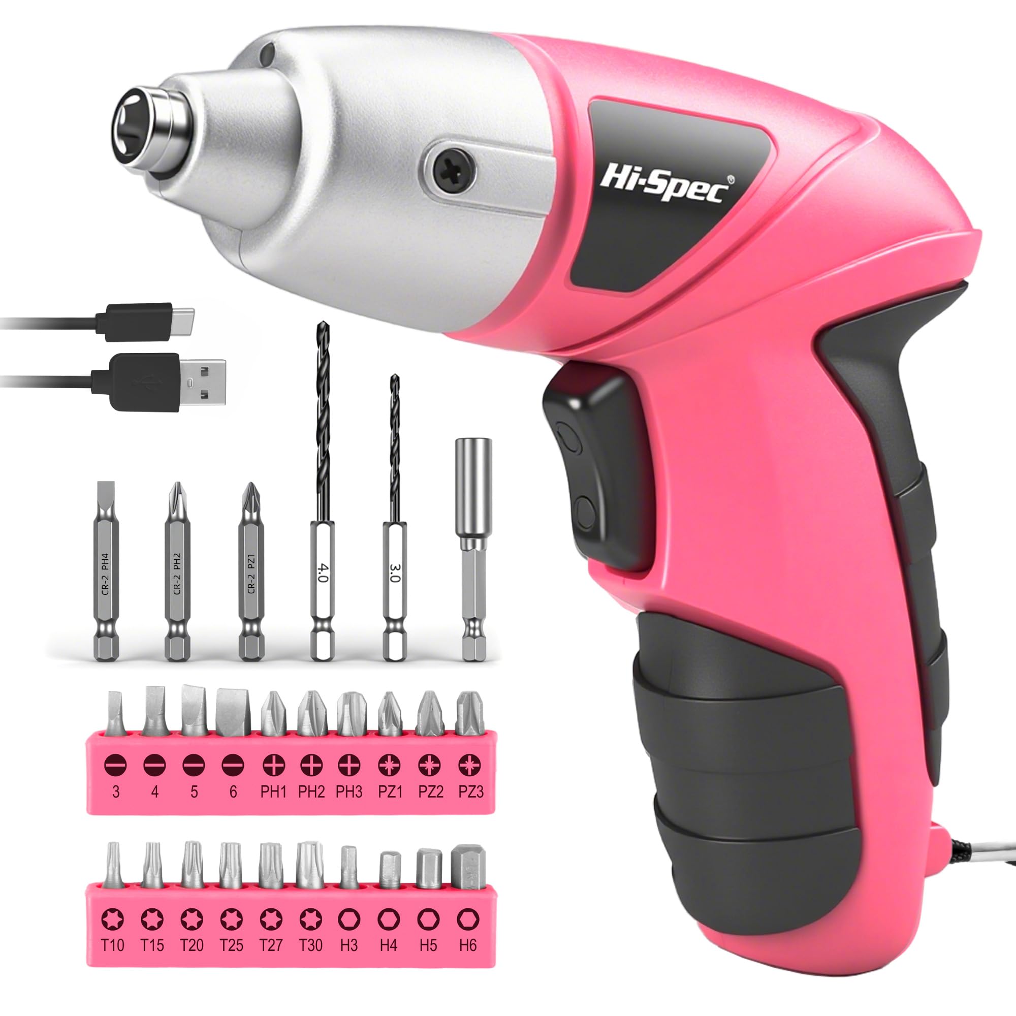 Hi-Spec Avvitatore a Batteria, Avvitatore Elettrico 3,6V USB Senza Fili Ricaricabile con Set Inserti per Casa e Fai da Te, Leggero e Facile da Usare, 27 Pezzi, Rosa