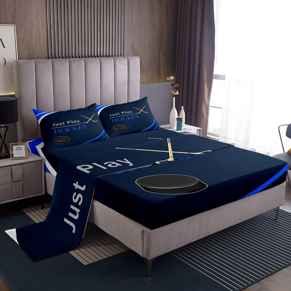 Feelyou Kids Football Sheet Set Full Size Soccer Ball Game Bed Sheets Set for Boys Girls Teens Bedroom Decor Rugby Sports Sheets with Deep Pocket Fitted Sheet Black White with 2 Pillow Case