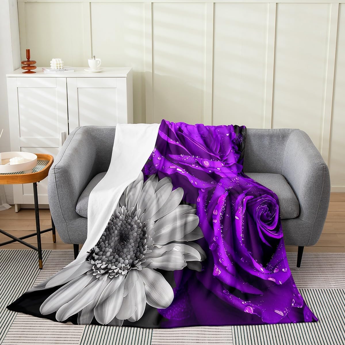 3D Red Rose Throw Blanket for Bed Couch, White Red Grey Flannel Fleece Blanket 40"X50", Romantic Farmhouse Floral Fuzzy Blanket, Botanical Flower Petals Sherpa Blanket Valentine's Day Plush Blanket
