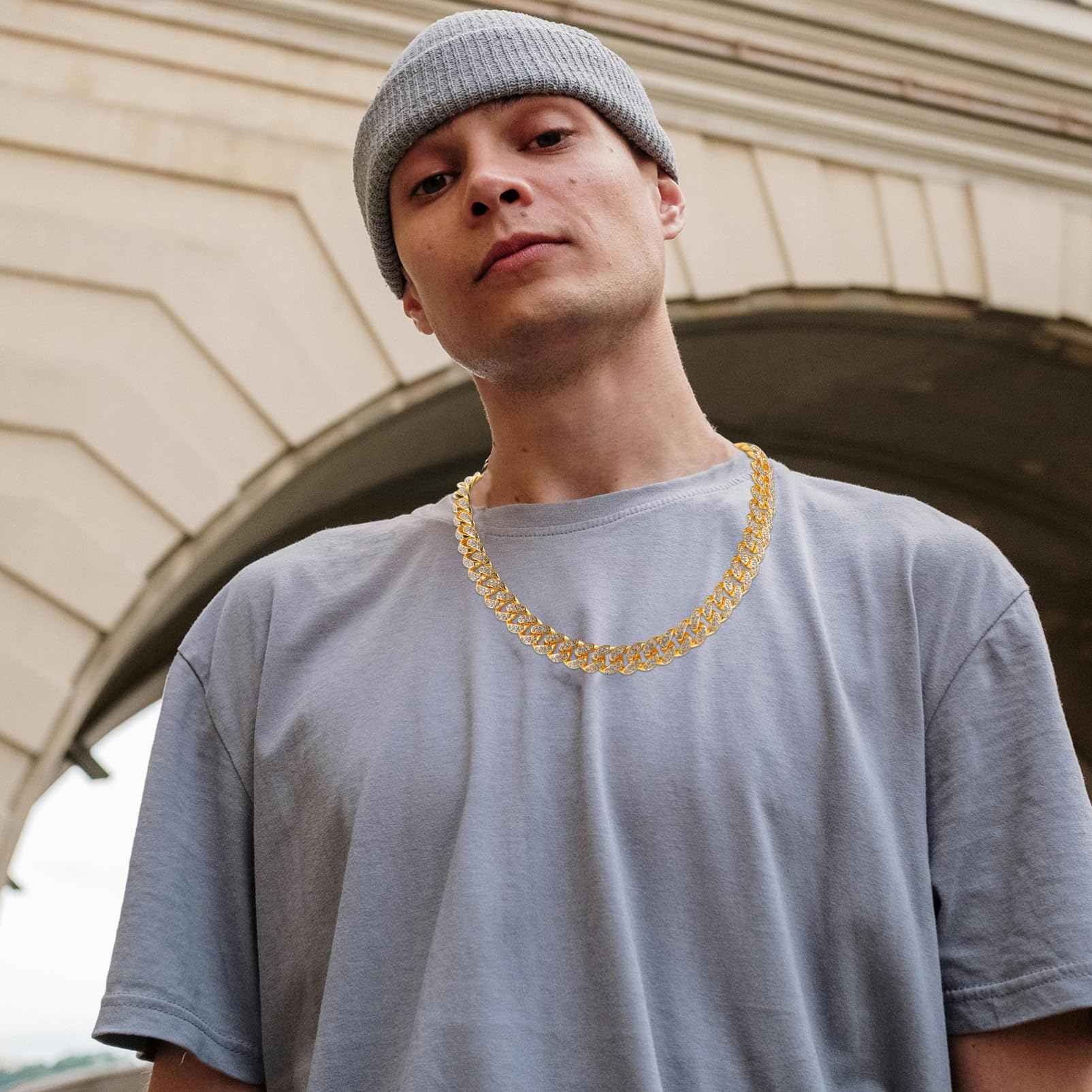 jojofuny 4pezzi Collana Catena Cubana Strass e Bracciale Maglie Impilabili Di Accessori Catena in Metallo Per Uomo e Donna