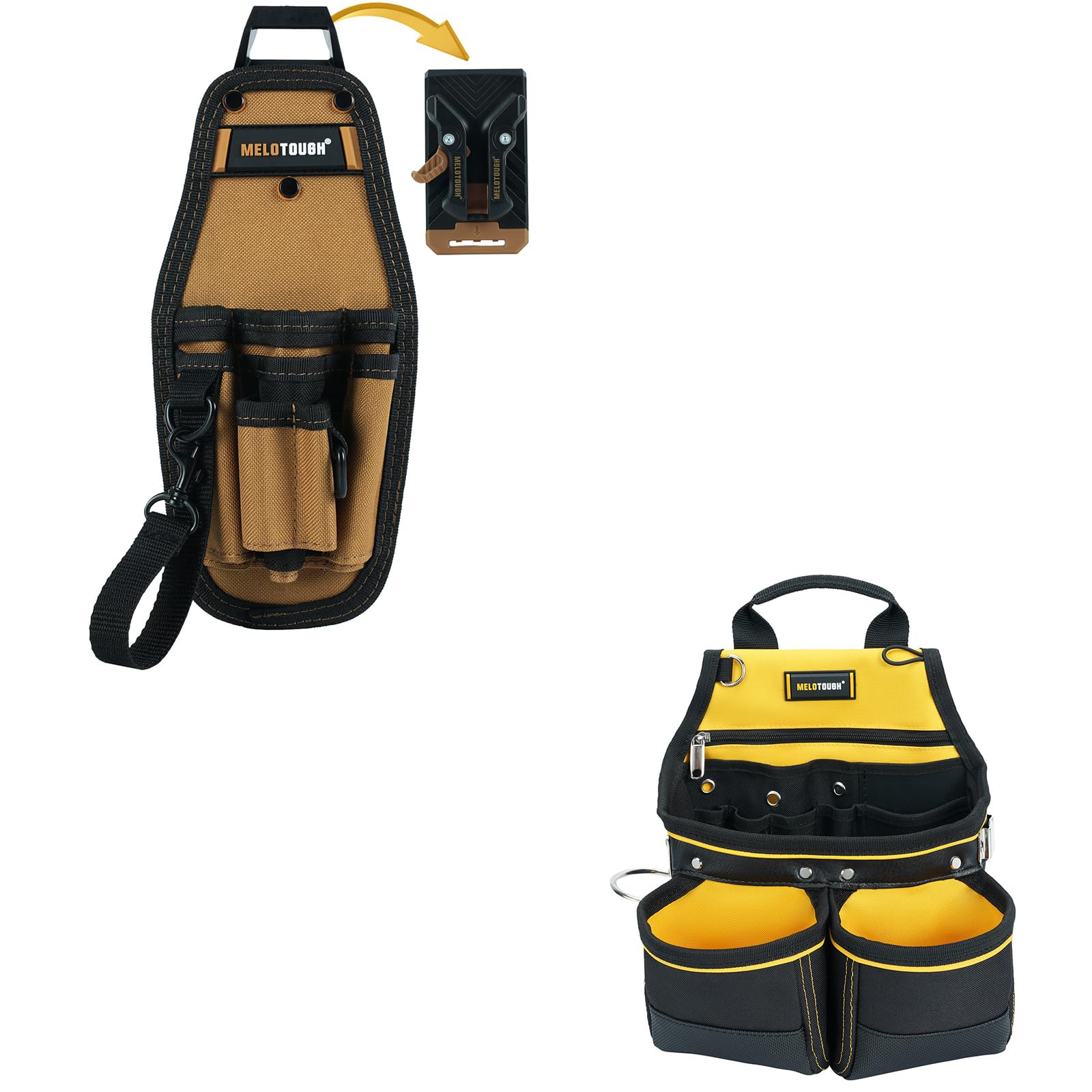 MELOTOUGH Small Tool Pouch with Quick Release Belt Clip, Tool Belt Pouch with Electrician Tape Thong Strap, Carpenter Tool Pouch with 10 Pockets