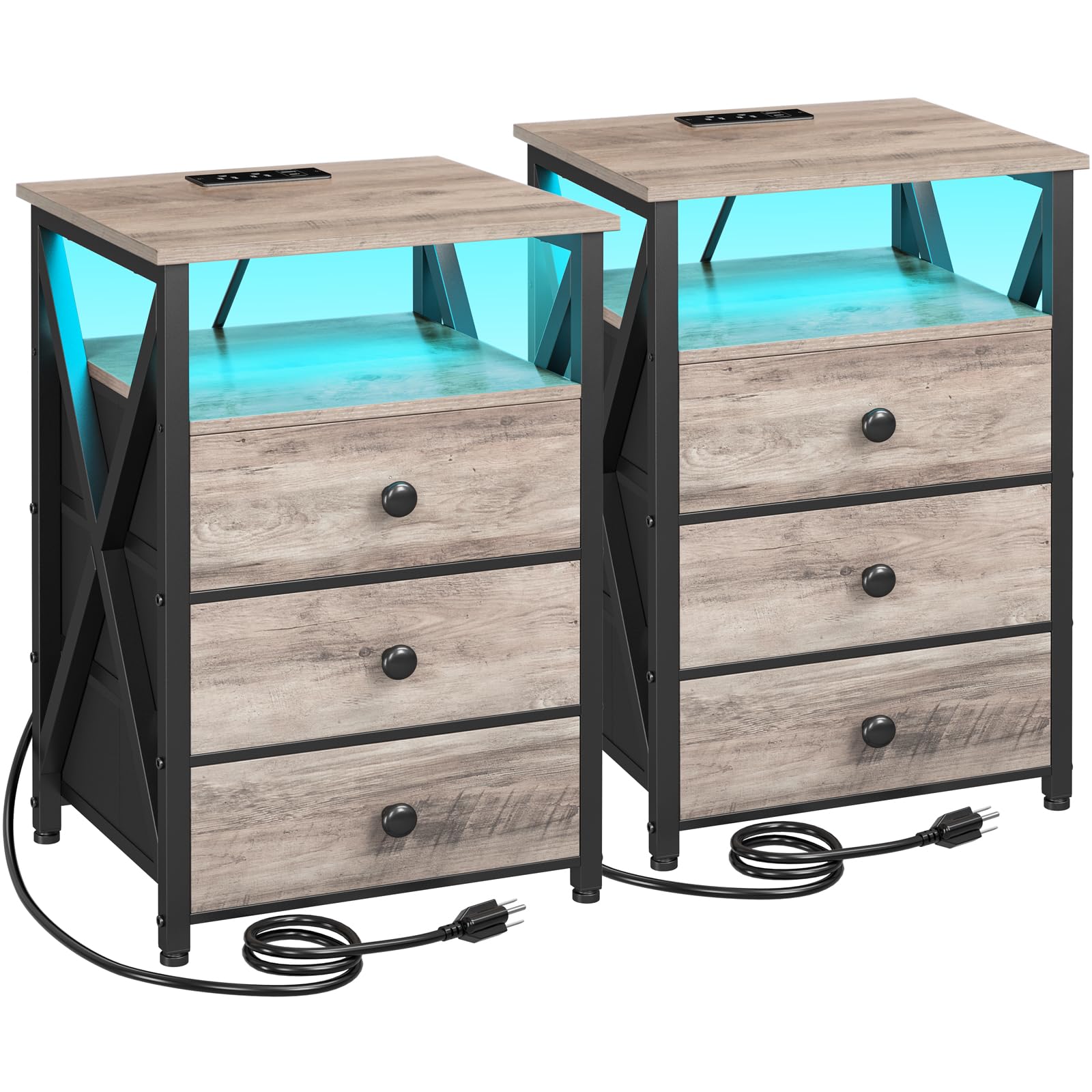 AMHANCIBLENight Stand Set 2, LED Nightstand with Charging Station, End Side Tables with USB Port & Outlet, Bedside Table with 3 Fabric Drawers for Bedroom Living Room, Greige, HET053LGY