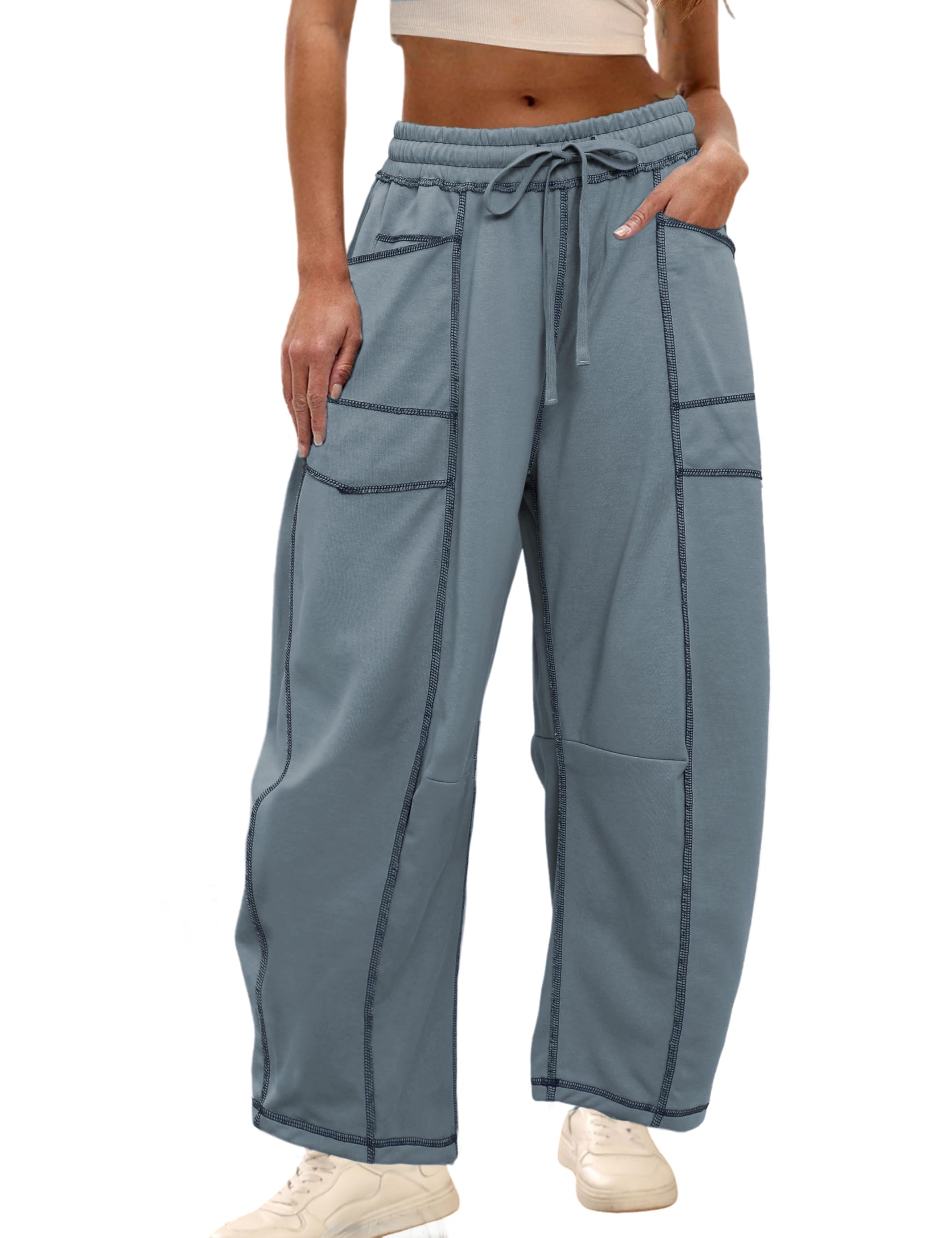 Yeokou Womens Wide Leg Barrel Sweatpants Drawstring High Waisted Contrast Stitching Baggy Joggers Casual Lounge Pockets Pants