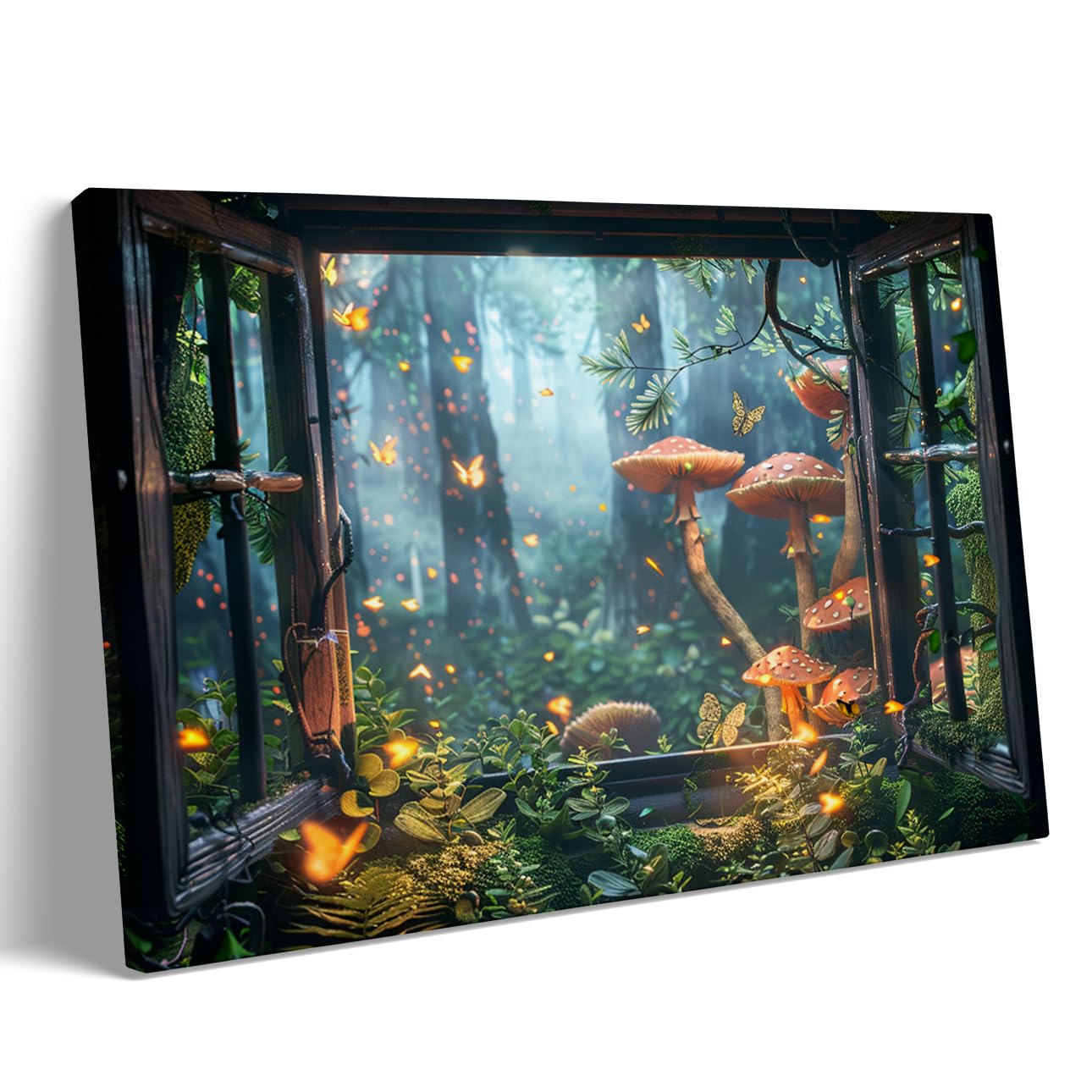 Window View Canvas Wall Art, Fantasy Nature Landscape Painting, Framed Canvas Artwork for Living Room or Bedroom Wall Decor 28x35cm Frame