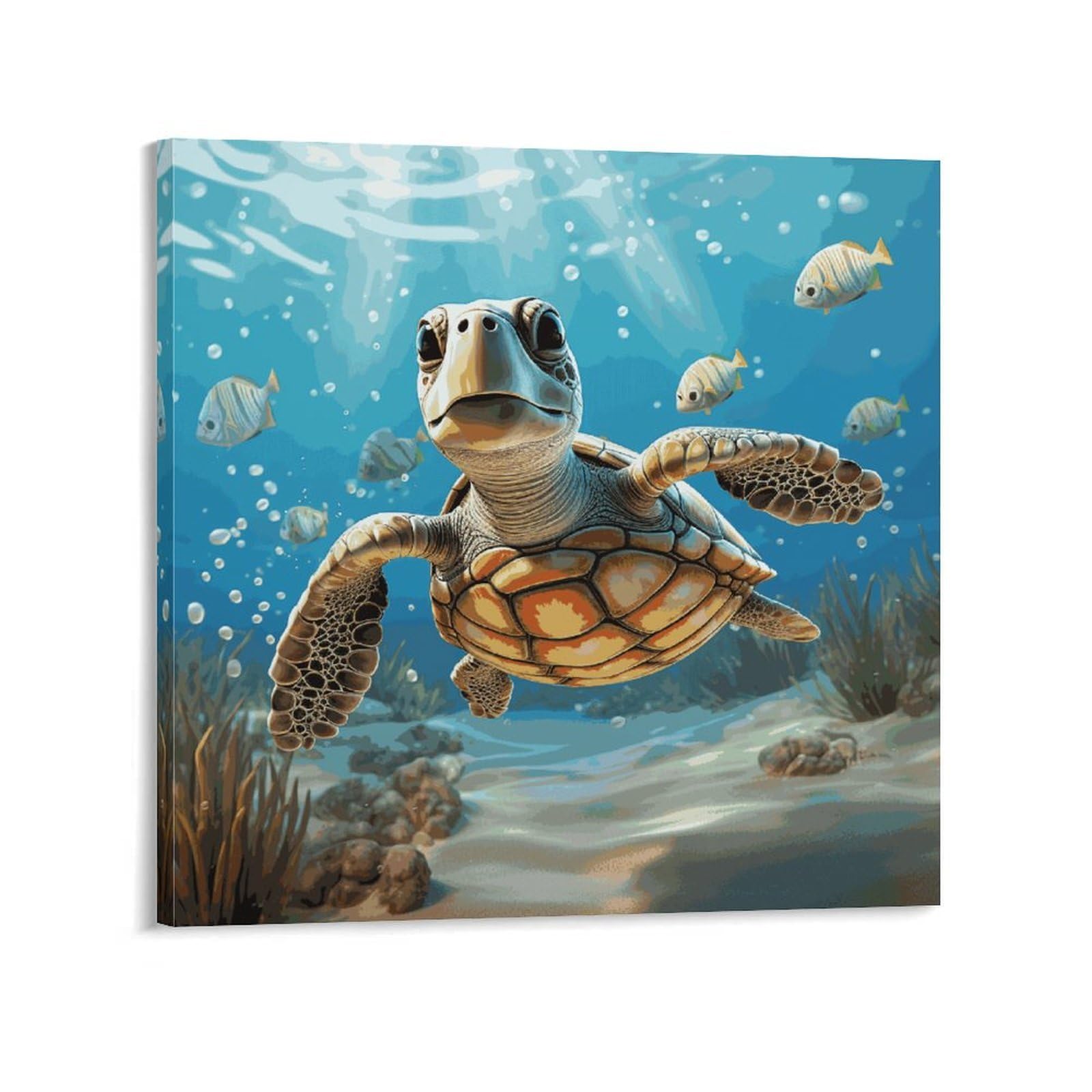 KLOPH Cartoon Sea Turtle Canvas Wall Art for Living Room 10x10inch Modern Artwork Painting for Bathroom Hanging Canvas Prints Aesthetic Wallart for Bedroom Kitchen Office Wall Decor