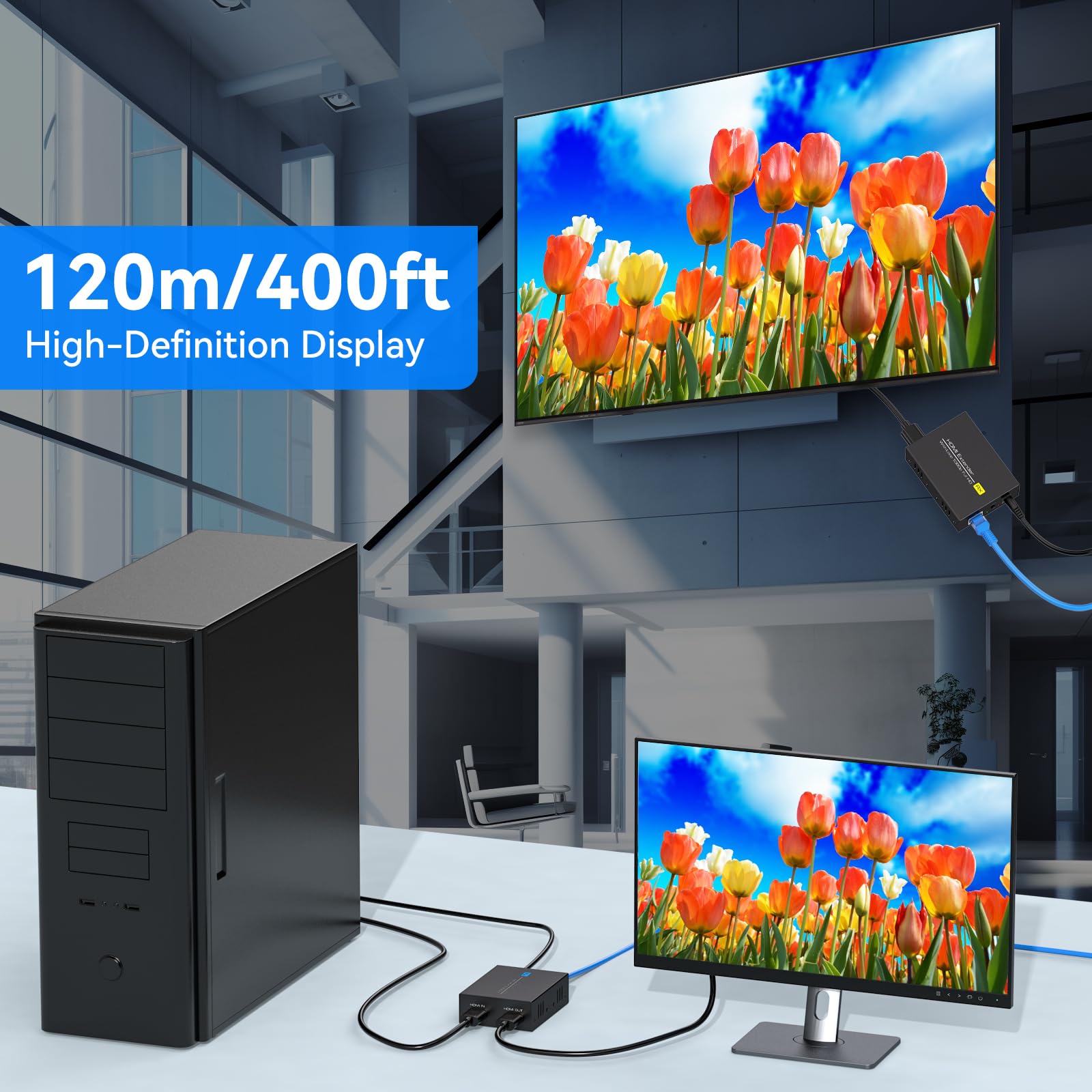 VEDINDUST 120M/393FT HDMI Extender Extender HDMI Ethernet su Cavo Di Rete Cat5e / 6/7/8 HDMI Auf RJ45 Supporta Il Loop-out Locale 1080P Per TV DVD Laptop PC