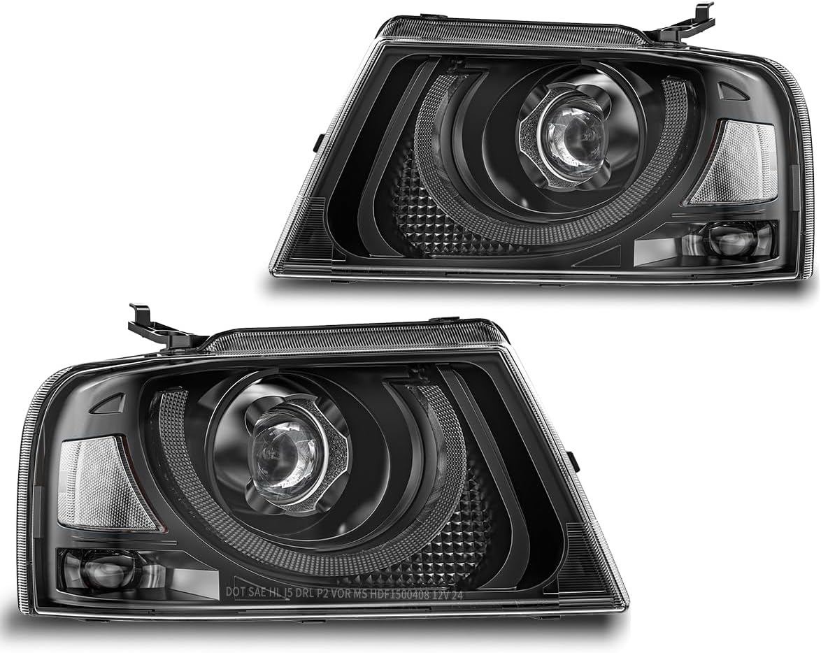 New LED Headlight Assembly Compatible with 2004-2008 Ford F150 Pickup 2006-2008 Lincoln Mark LT w/Cornering Light Hi Lo Beam Parking Light Turn Signal Side Marker (Black-Clear)