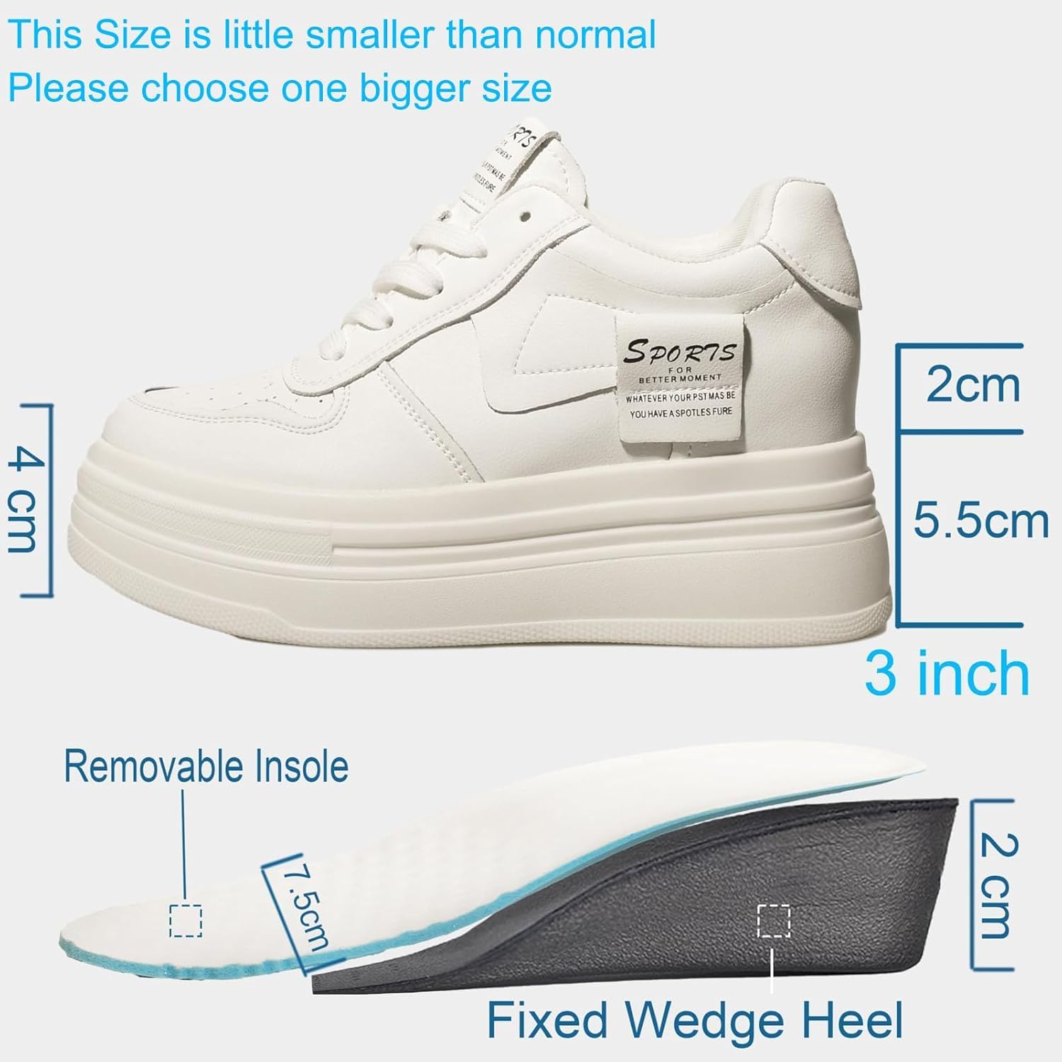 3 inch Platform Sneakers for Women - Chunky White Leather Shoes with 5.5cm Heel & 2cm Platform Shoes, Cushioning Comfortable Footwear for Walking, Casual Women's Fashion Sneakers Non slip sole - Image 3