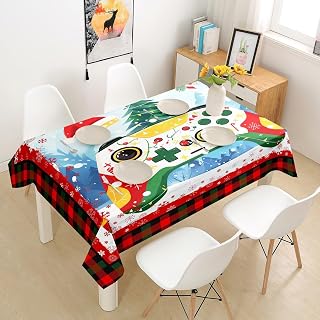 Homewish Gamer Gaming Tablecloths,Christmas Tree Snowflake Table Cloth Kids Boys Girls Kitchen Decor,Video Games Christmas Theme Table Accessories,Red Green Plaid Table Cover,55"x71"