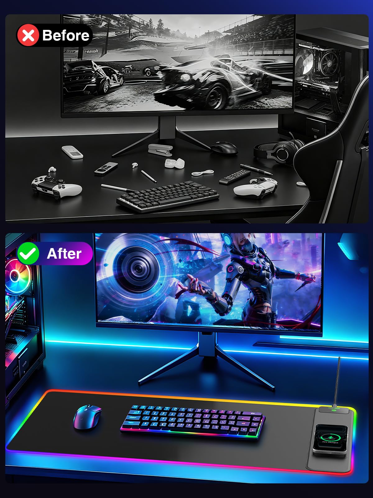 Tappetino per mouse da gioco RGB 2 in 1 con ricarica wireless per telefono, 80 x 40 cm, 24 effetti di luce, base antiscivolo, superficie ultra liscia impermeabile, nessun adattatore