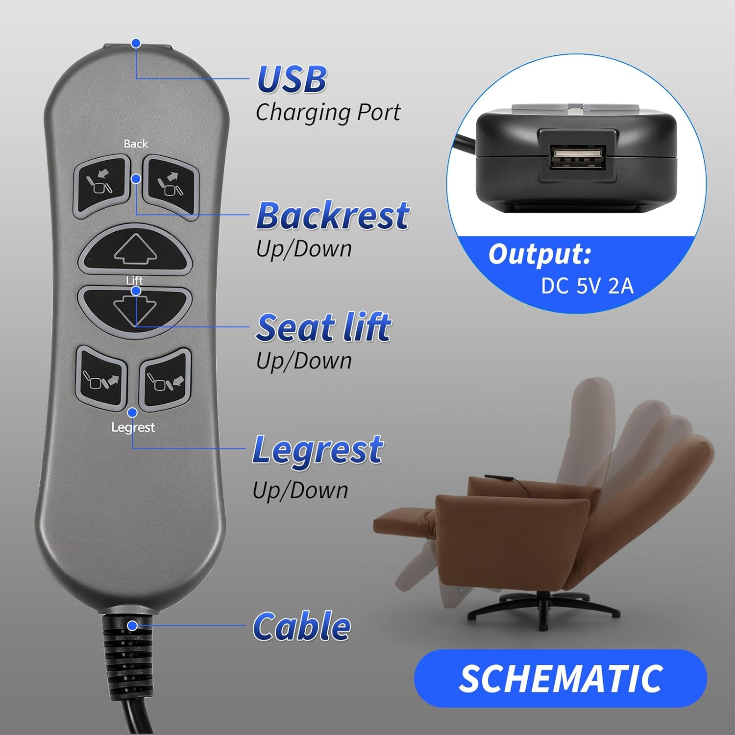 MLSK89-A2 6 Button 5 Pin Prong Remote Controller w/USB & Backlit Compatible with Catnapper Lift Chair, Electric Recliner and Sectionals, Hand Control Handset (Black) for Power Recliner