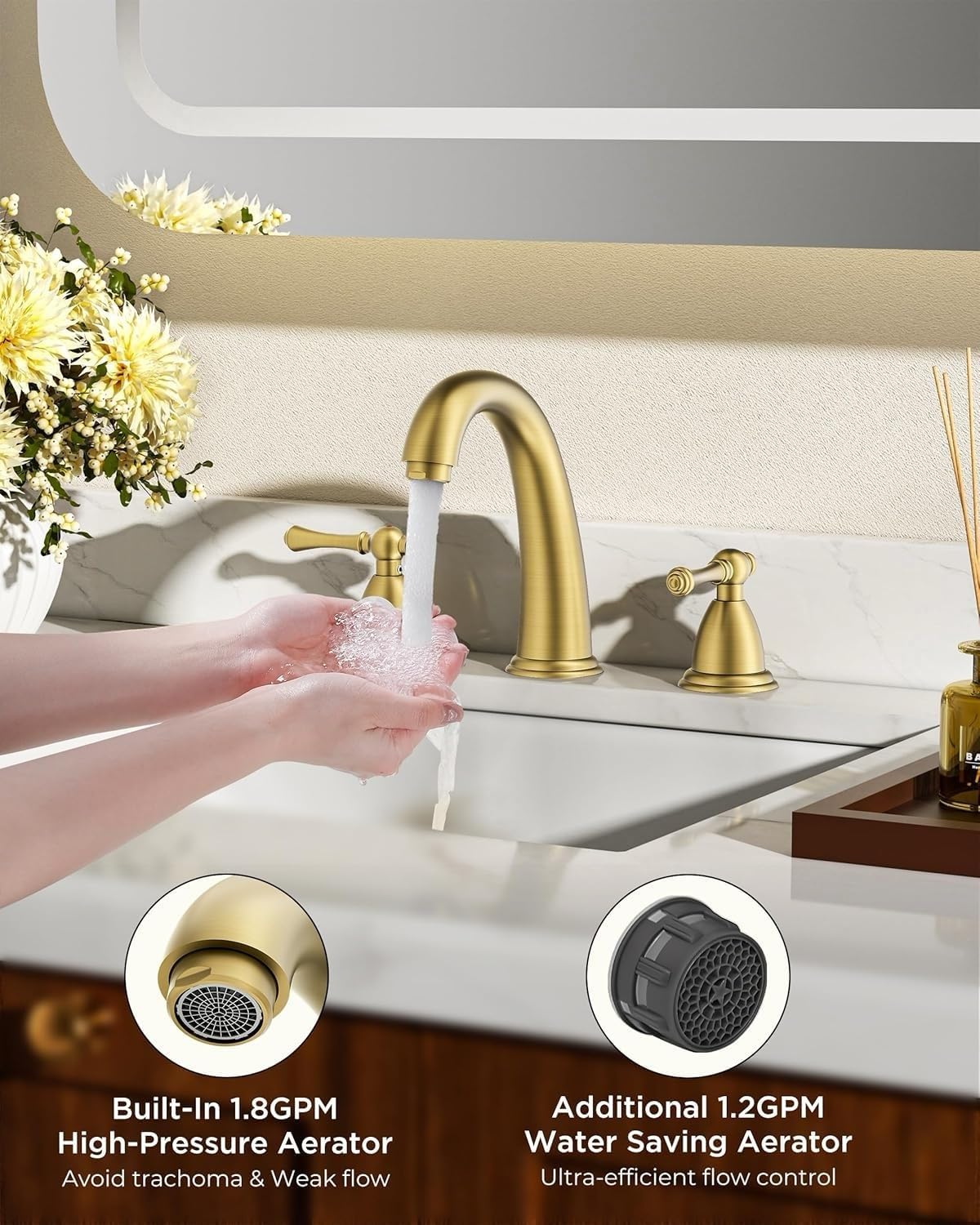 FORIOUS Brushed Gold Faucet for Bathroom Sink 3 Hole, 8 Inch Widespread Bathroom Faucet with Pop Up Drain and Water Hose Supply, 2 Lever Handles Design, for Commercial Vanity RV Lavatory Camper Sink