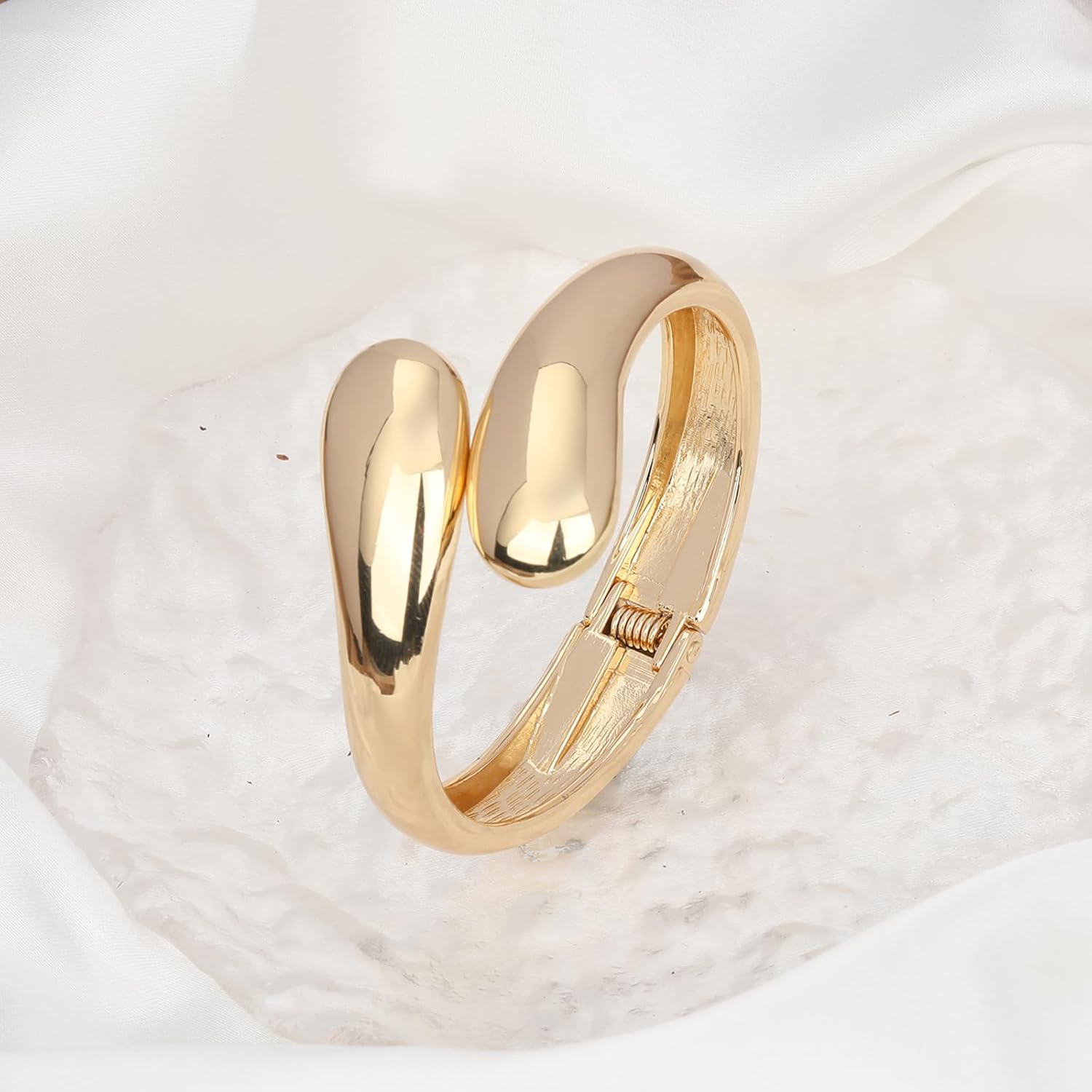 14K Gold Chunky Bangle Bracelet for Women Gold Plated Waterdrop Round Wrist Hinged Cuff Open Wide Bracelet Women Jewelry Gift - Image 5