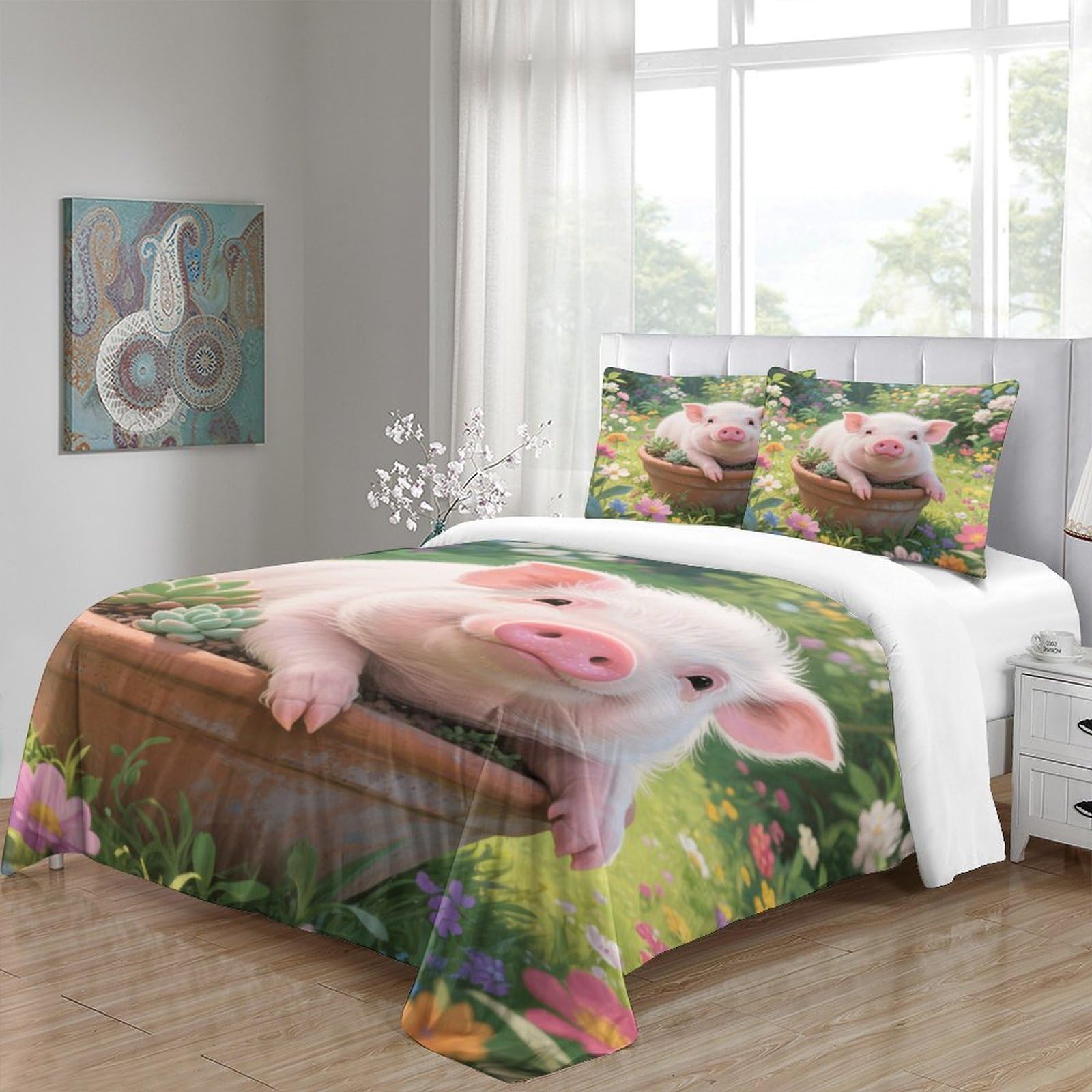Niedliches Schweinchen isst Nudeln Bettbezug 3D Gedruckt Mikrofaser Pflegeleicht Schlafkomfort Bettdeckenbezug 3 Teilig Weich Reißverschluss mit Kissenbezug Atmungsaktiv for Männer & Kinder