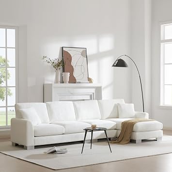 119" Oversized Sectional Sofa,White Modern L-shaped Luxury Couch Set with 2 pillows,5-seat Chenille Indoor Furniture with Chaise for Living Room,Apartment,Office