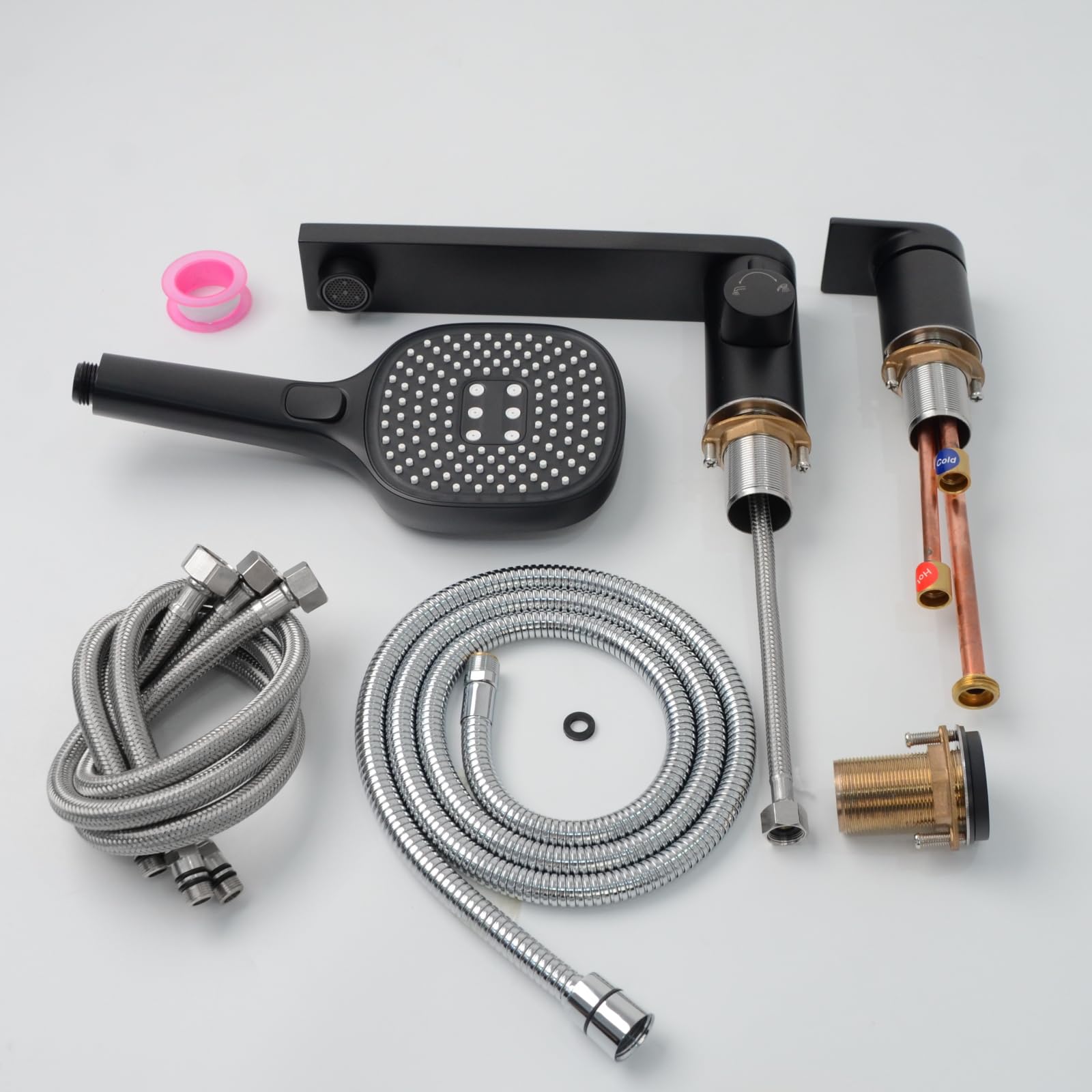 PHASAT Grifo para Borde de Bañera de 3 Orificio, Grifo de Bañera con Ducha de Mano y Manguera, Mezclador de Latón para Baño Caliente y Frío Ajustable Negro Mate PTBB20E
