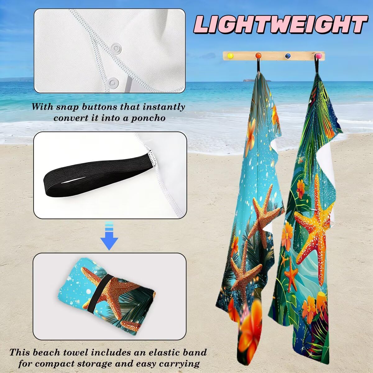 Toalla Playa 100x220 cm, Toalla Gimnasio Microfibra Secado Rapido, Juego de 2 Antiarena Toallas de Playa, Ligera Compacta Toallas Microfibra Grande, Regalo Hombre Regalo Mujer (Estrella de mar) -4973