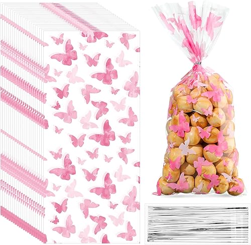 Zonon 100 bolsas de plástico de celofán con 100 lazos plateados para golosinas con temática de mariposas, baby shower, fiesta de cumpleaños,