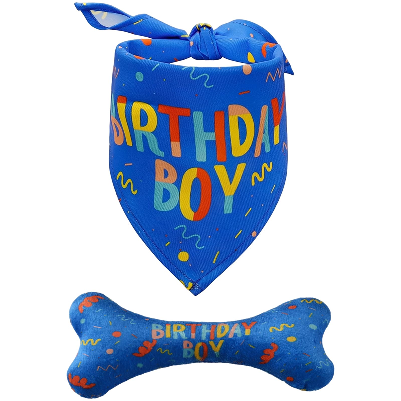 ZPSCXQ Dog Birthday Present, Dogs Birthday Gifts Set with Blue Bandana and Bone Toy, Interactive Play Toys for Small Medium Dogs, 76x52 cm Bandana and 21x11 cm Bone Dimensions