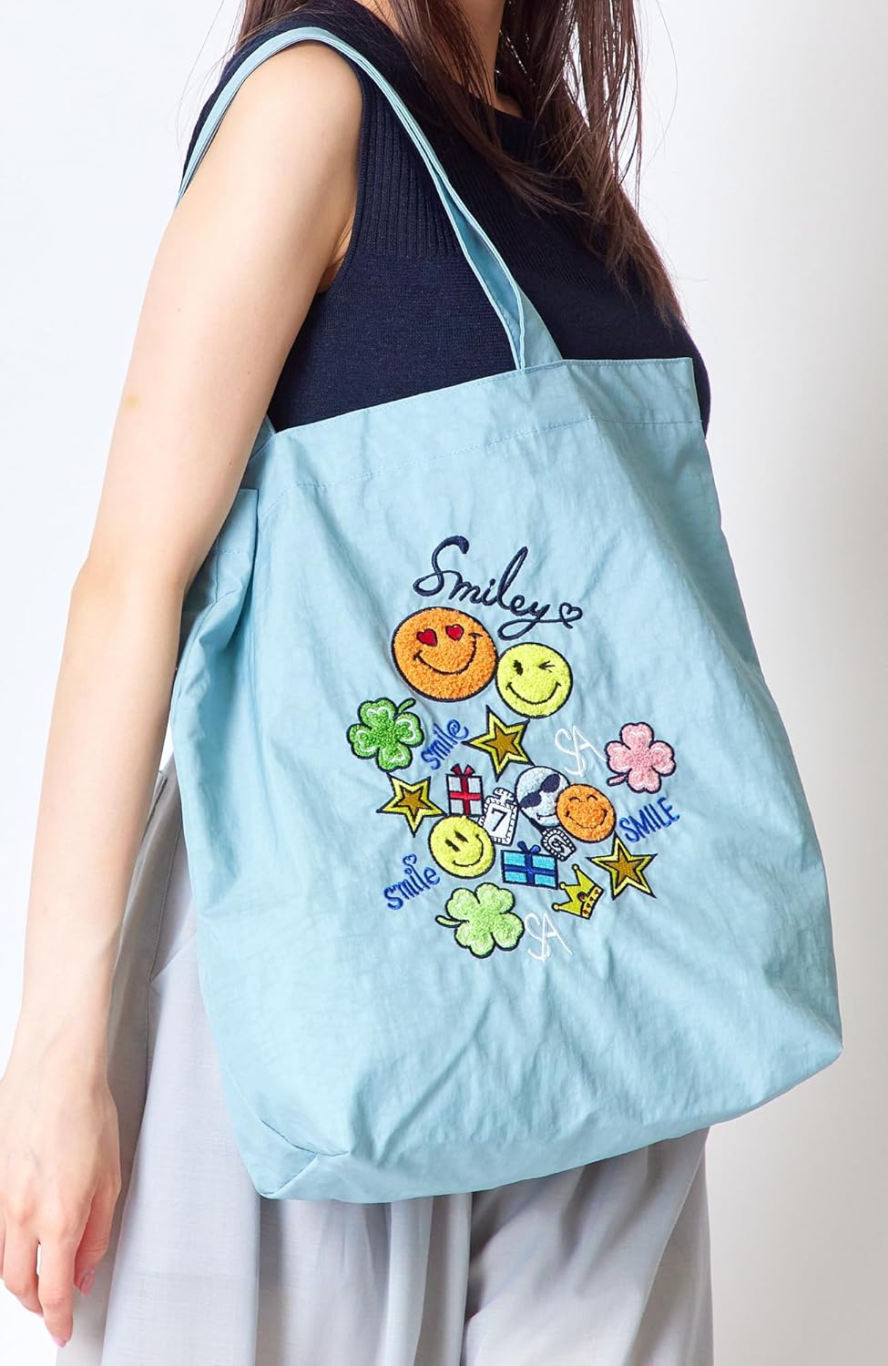 [サロンドアルファード] エコバッグ 折りたたみ 大容量 軽量 スマイル 刺繍 にこちゃん ニコちゃん レディース 買い物バッグ マ