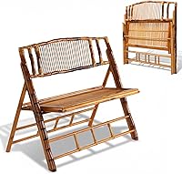 VINGLI Bamboo Rattan Folding Loveseat - Handmade Portable Double Seat Chair for Patio, Balcony, Garden & Indoor