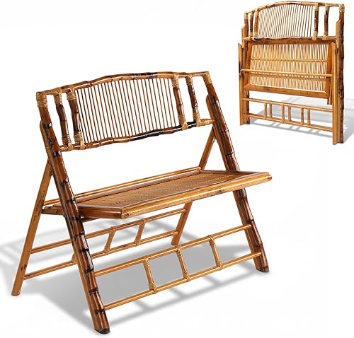 VINGLI Sofá biplaza plegable de ratán de bambú, silla plegable de doble asiento hecho a mano, silla plegable portátil para patio, balcón, jardín