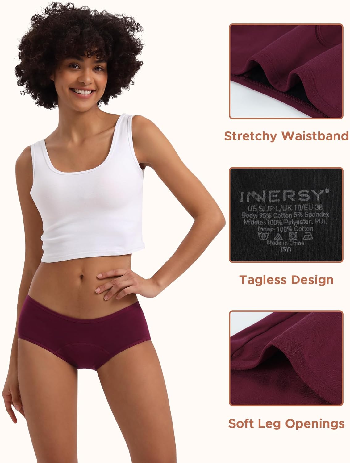 INNERSY Heavy Flow Period Underwear for Women Teens, Leak-Proof Menstrual Cotton Protective Hipster Panties 3-Pack - Image 5