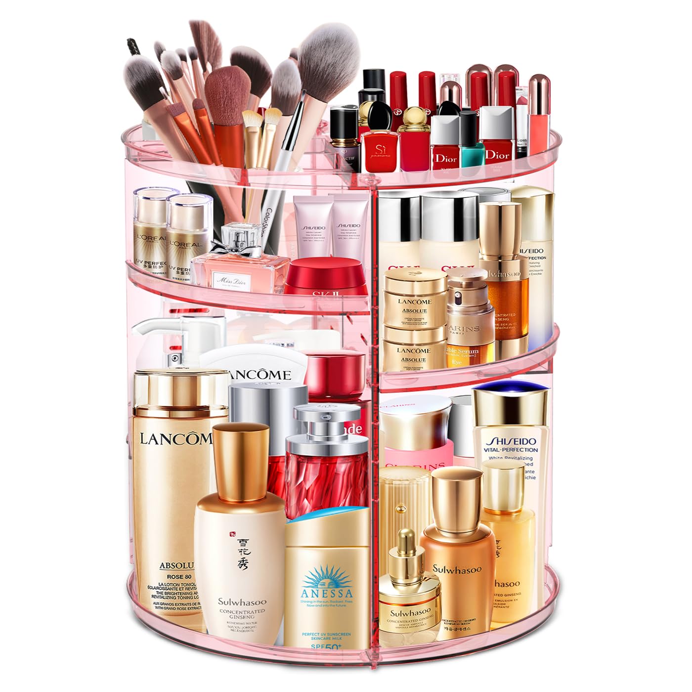 Modern Minimalist Pink Makeup Organizer, 360 Rotating, Large Capacity, 7 Compartments, Fits Makeup Brushes, Lipsticks, Clear Acrylic, Countertop