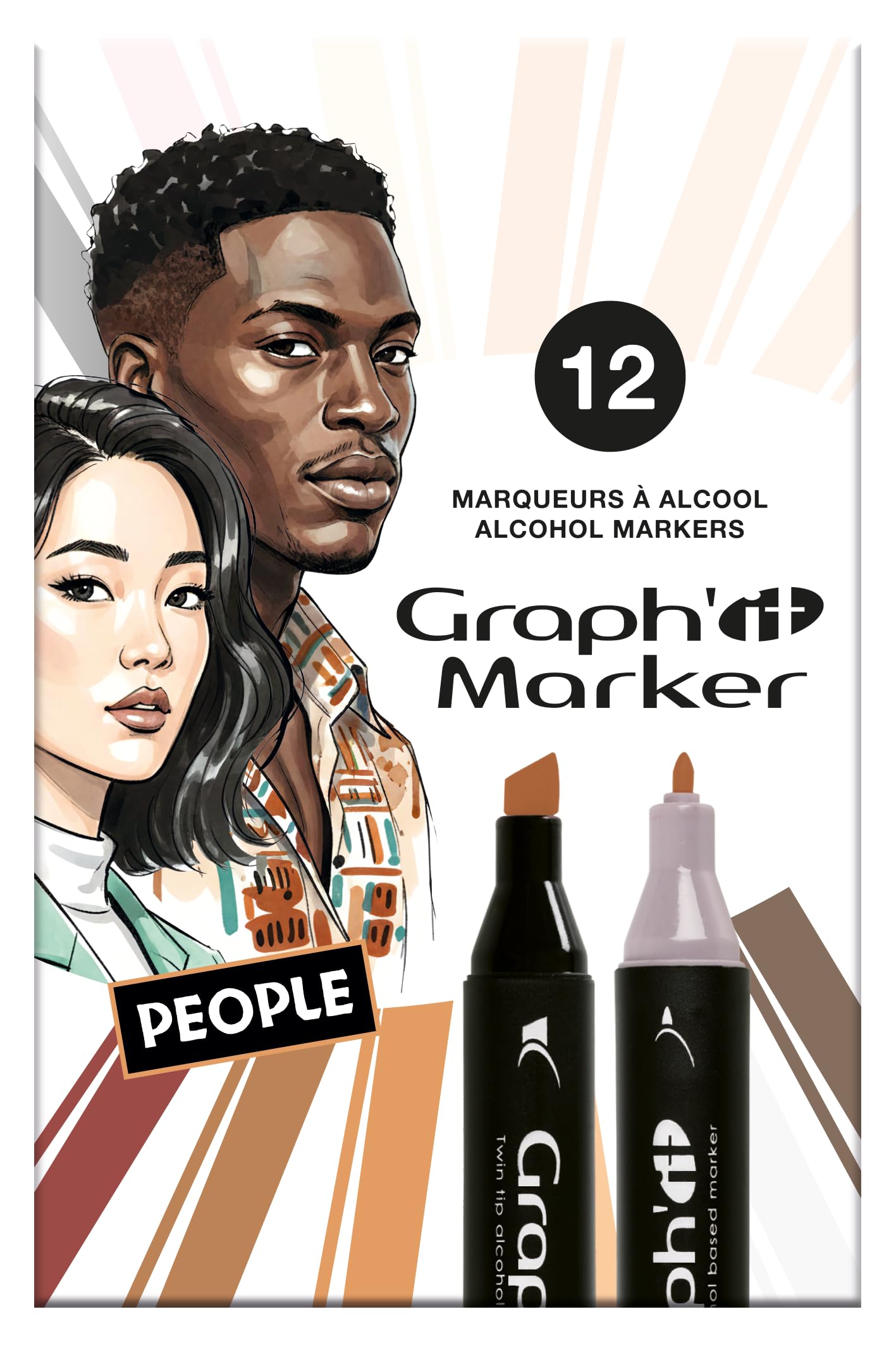 Graph'it - Set de 12 Marqueurs à Alcool Double Pointe : Fine et Biseautée pour Dessin de Manga, Illustration, Colorant, Esquisse, Écriture - Rechargeables - Set People