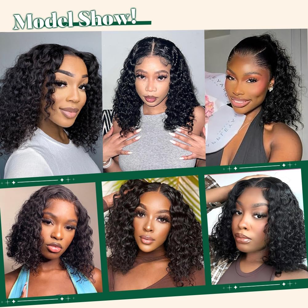 Curly Bob Wig Human Hair 13x4 Lace Front Wigs for Black Women 180% Density Glueless Short Deep Wave Frontal Wig Pre Plucked with Baby Hair 14 Inch Natural Black