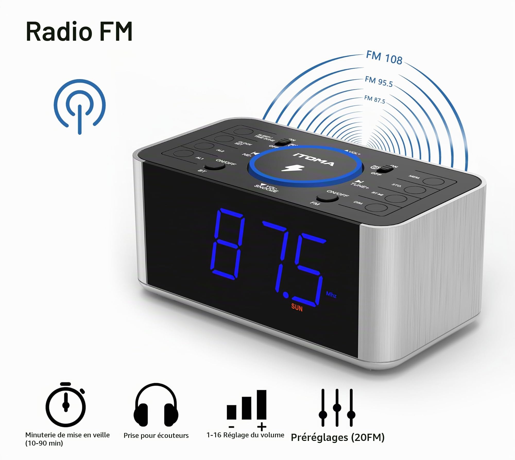 iTOMA Radio réveil avec Charge sans Fil 5W, Snooze, Bluetooth, Double réveil, écran LED de 1,4 Pouces, gradateur, tête de lit USB Charge Horloge 206