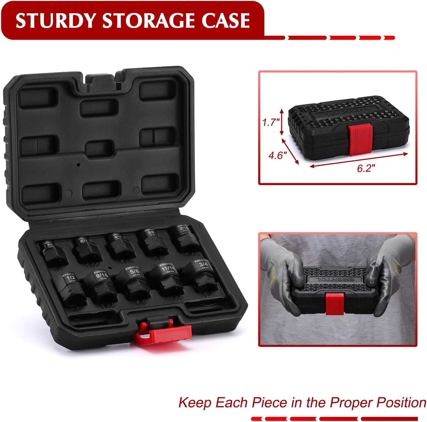 EMENTOL 3/8" Drive Stubby Impact Socket Set, SAE, 1/4"-3/4", Low Profile Impact Nano Sockets, 10-Piece, CR-MO