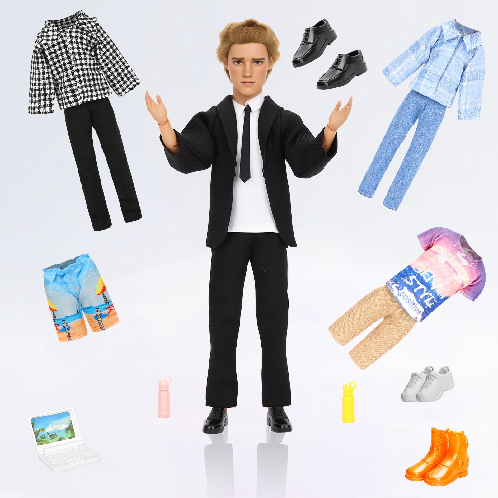 Miunana 2 PCS Tute + 2 PCS Scarpe per Matrimonio: Abito Nero per Bambola Ragazzo Sposo + Abito