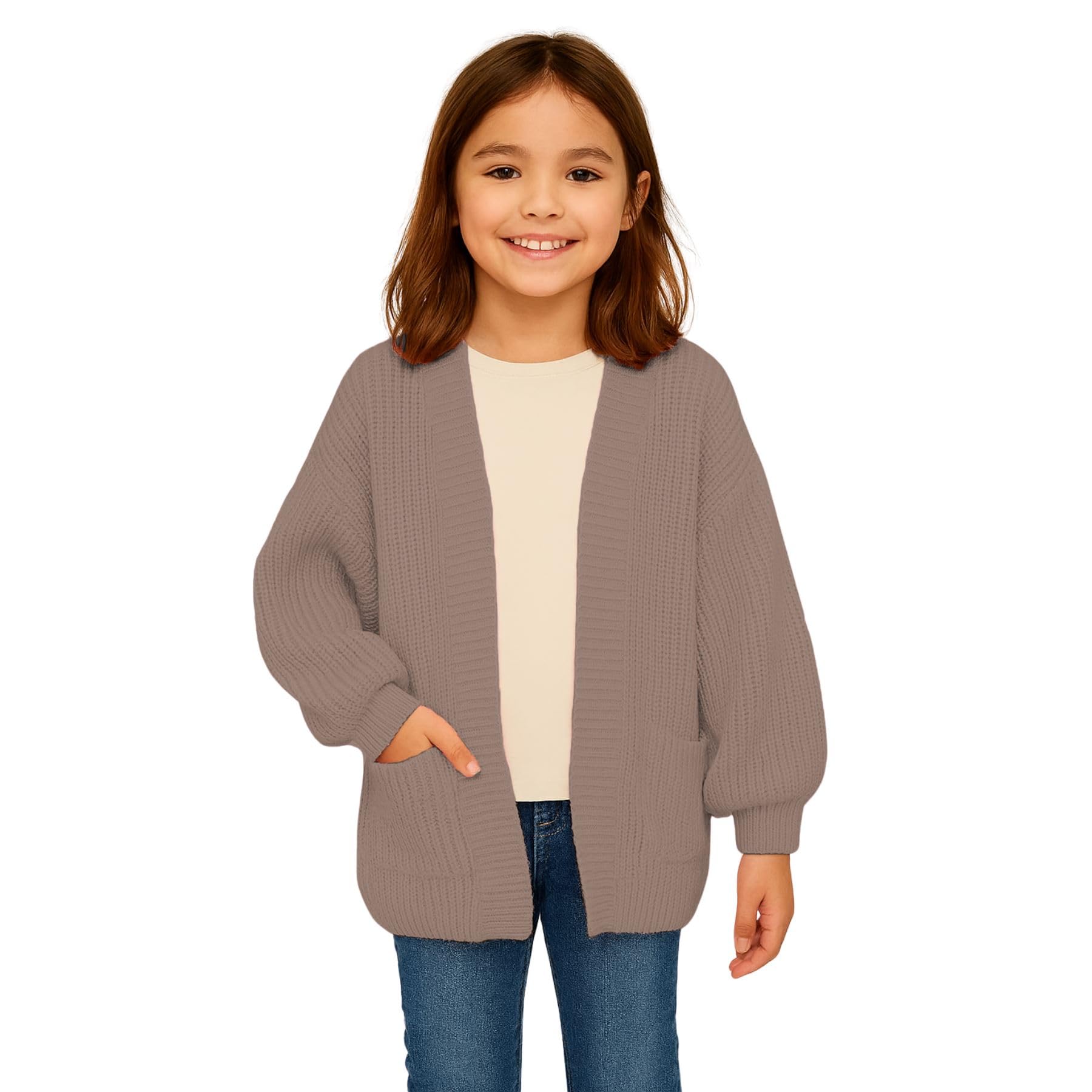 janisramone Cardigan da ragazza con maniche a palloncino con tasche, aperto sul davanti, lavorato a maglia grossa, cardigan oversize comodo e caldo, cardigan invernale per ragazze dai 7 ai 13 anni