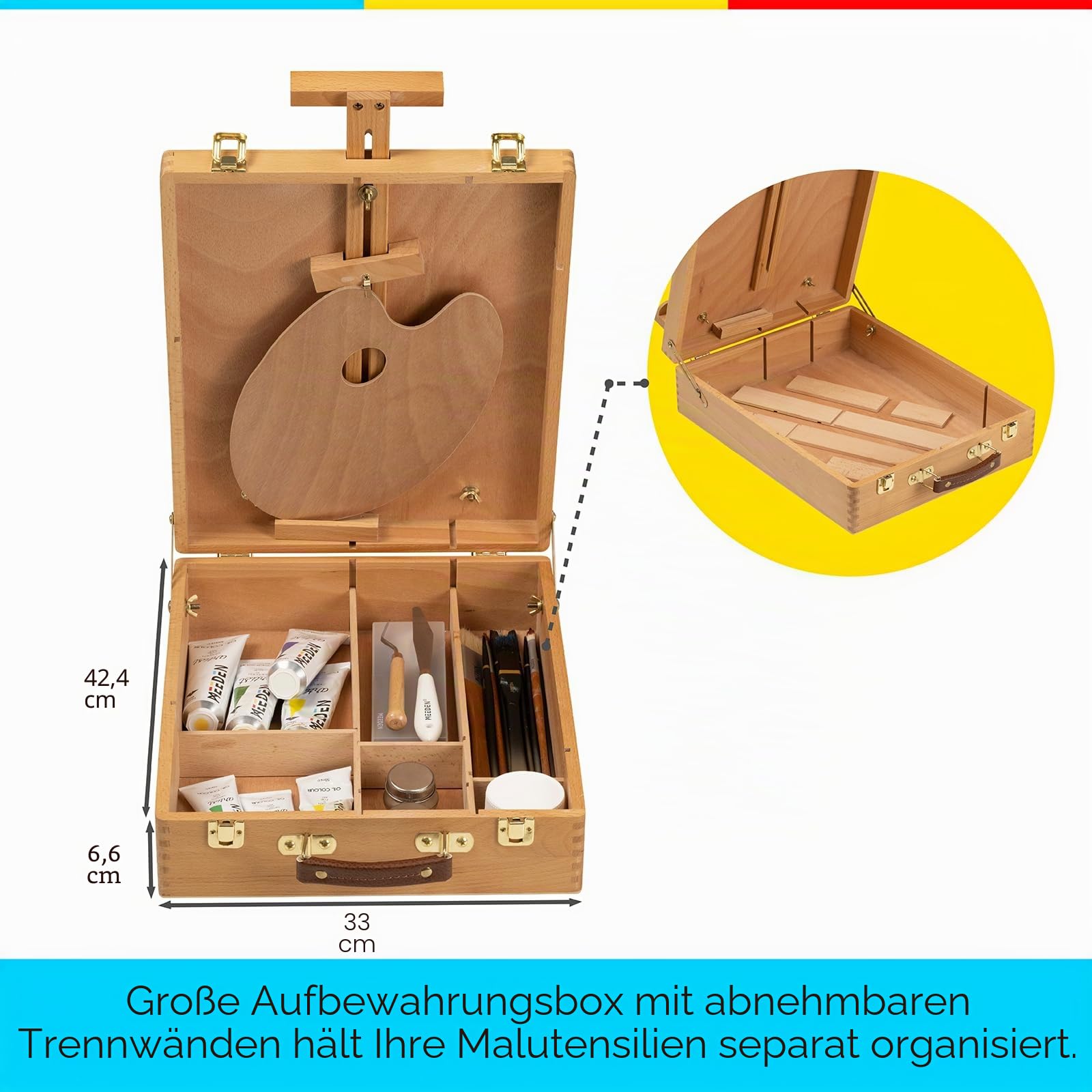 MEEDEN Große Studio Skizzenkasten Staffelei, Verstellbare Tischstaffelei aus massivem Buchenholz, Kunstbedarf-Aufbewahrungskasten mit Fächern für Pastelle, Bleistifte, Pinsel, Max. Leinwand 71cm
