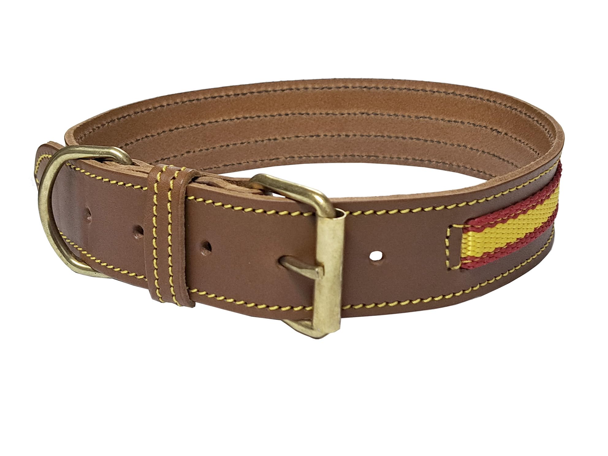 Tiendas LGP - Collar para Perros de Piel Flor con Bandera de España. 3,5 x 49 cm. Color Cuero, Contorno Cuello de 29 a 33 cm.