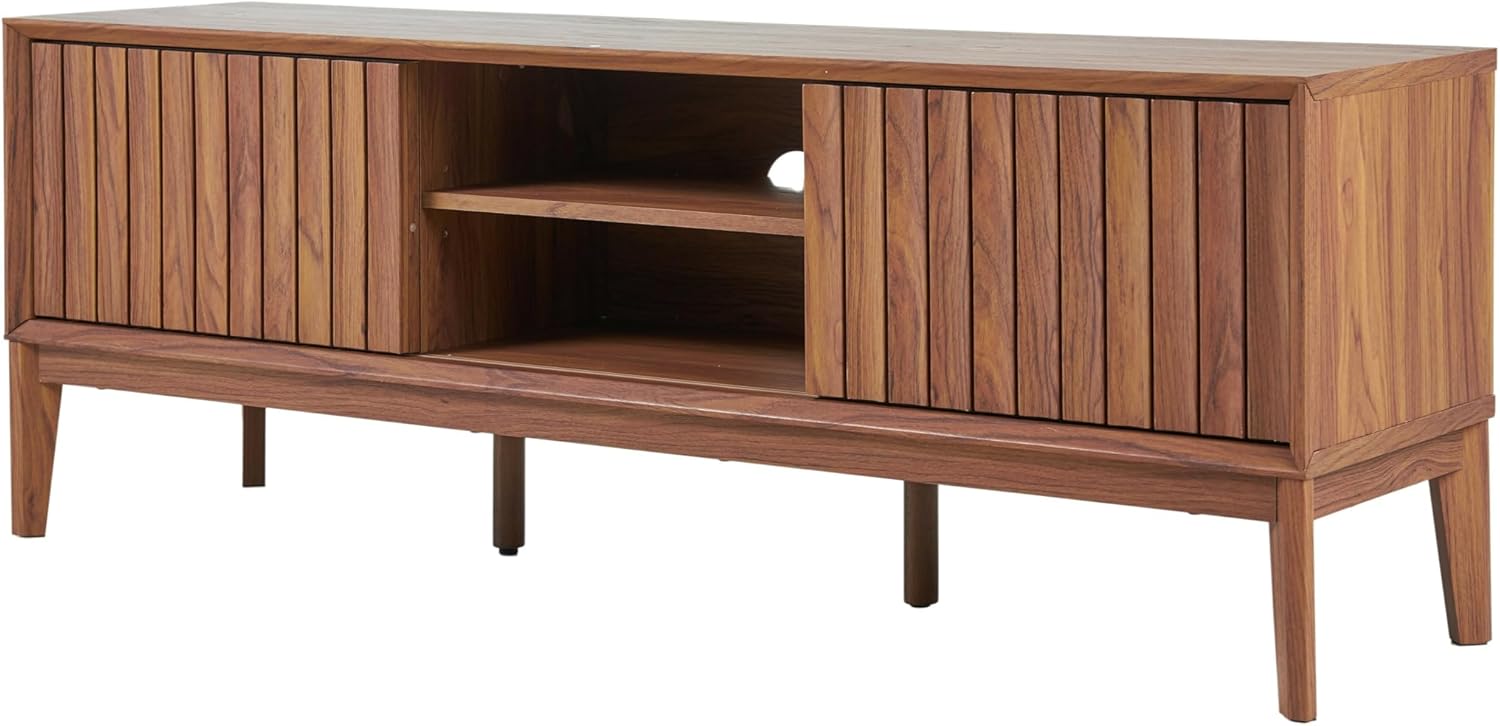 JONATHAN Y TVS1000B Gennaro 58 in. Farmhouse 3-Storage Sliding Door TV Stand Fits TVs up to 65 in. with Cable Management, Walnut Entertainment Center with Storage for Living Room, Bedroom
