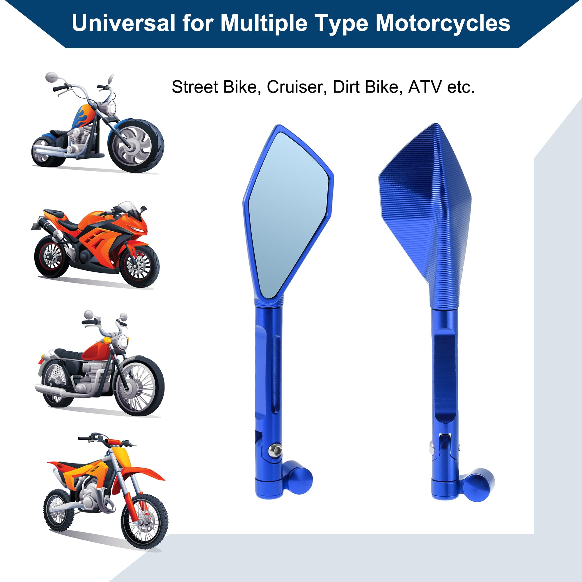 Specchietti Retrovisori Laterali Regolabili per Moto 1 Set Blu | Colore Blu, Lega Alluminio, 11.2x5.6cm, M8/M10, Per Yamaha, Per Kawasaki, Per Honda Shadow, Regolabili 360°