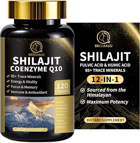 Shilajit para hombres con musgo marino y ashwagandha, cápsulas de suplementos de shilajit del Himalaya 12 en 1 con coenzima Q10, ácido fúlvico y