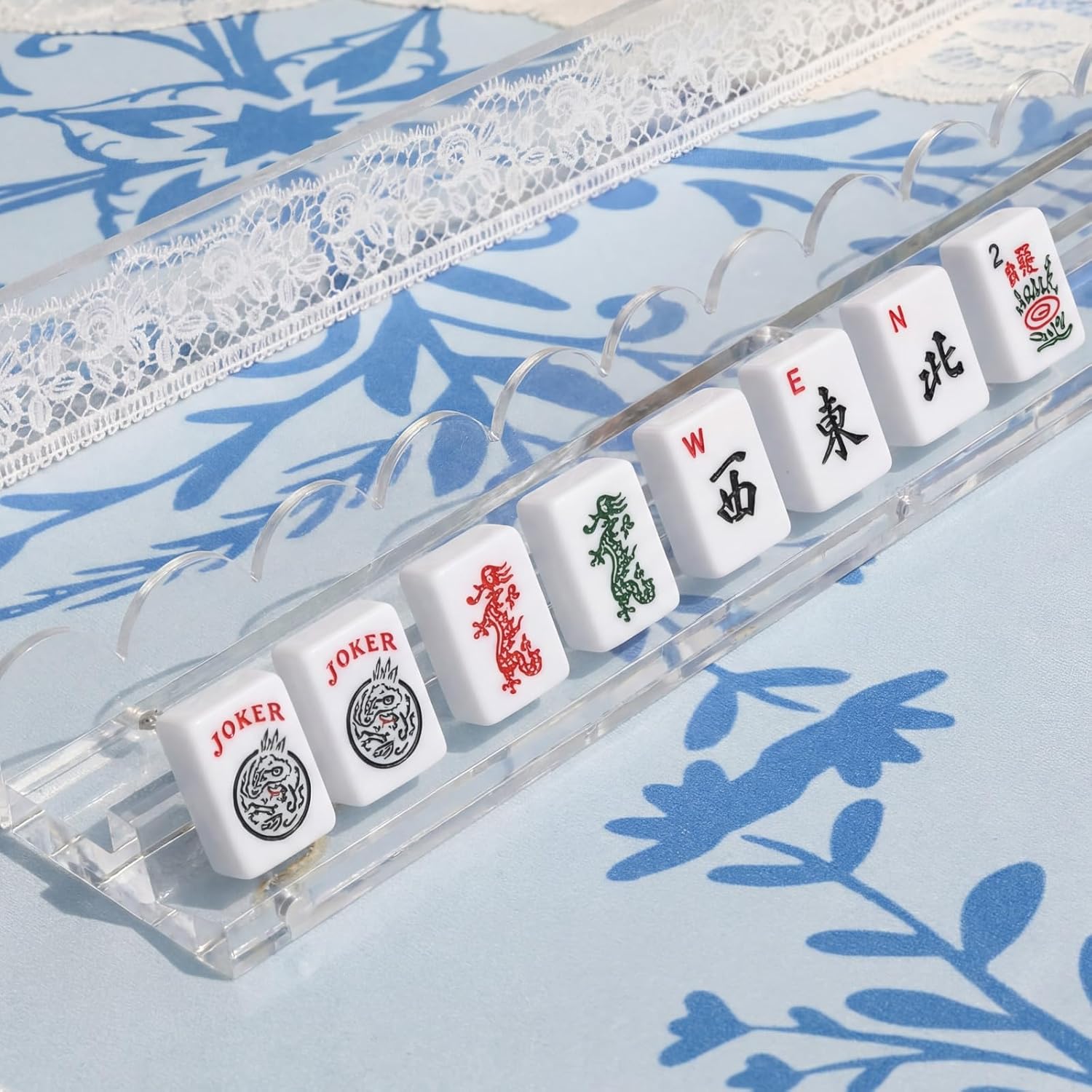 4 Pack Mahjong Tile Rack & Pusher Set, Acrylic All-in-one Holders, Magnetic Mahjong Racks for Organizing Tiles, Easy to Use for Home Game Nights (Scalloped Edge,Clear)