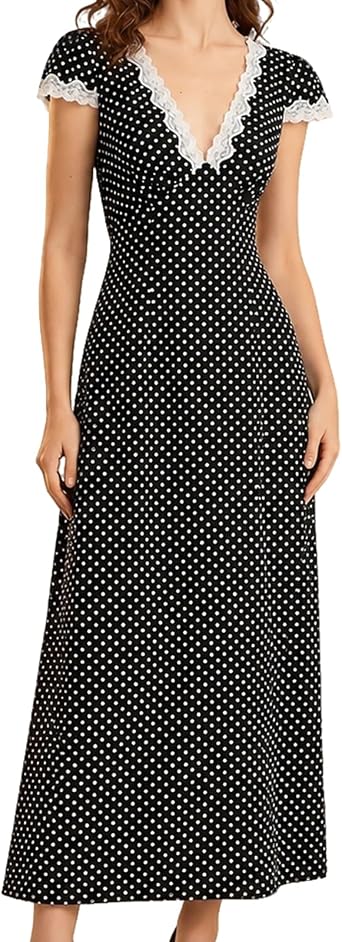 Women Summer Dresses Deep V Neck Polka Dot Prined Splice Lace Dress Elegant for Party
