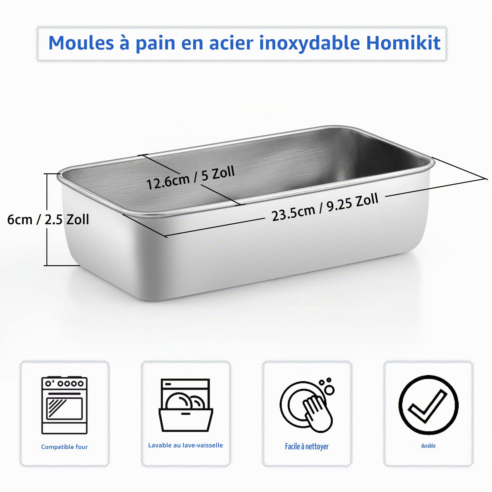 Homikit Lot de 2 moules à pain rectangulaires en acier inoxydable pour pain, gâteau, toast, sain, facile à nettoyer et passe au lave-vaisselle, 23,5 x 12,6 x 6 cm