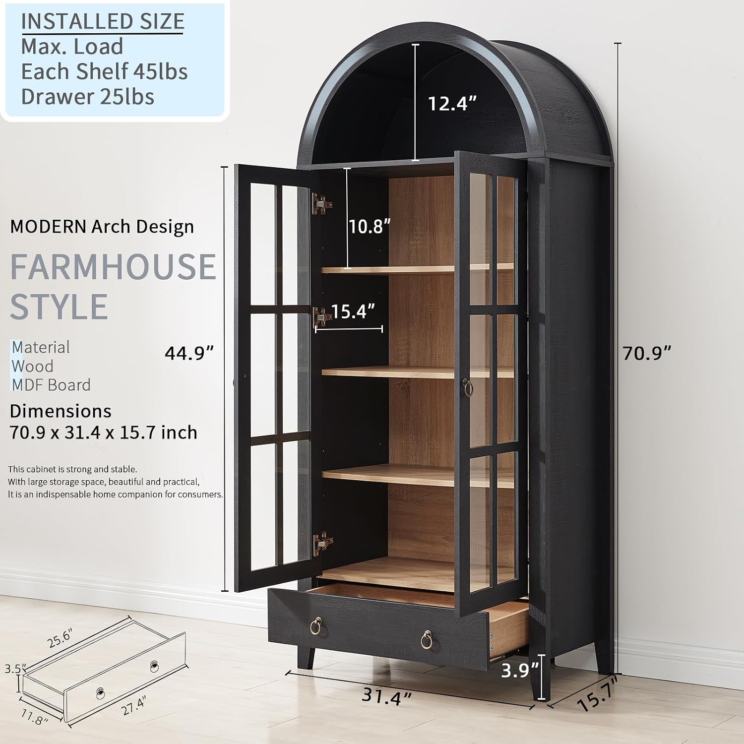 Diagram showing detailed dimensions and load capacities of the cabinet
