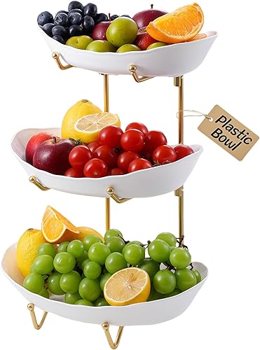 HOMKULA Fruit Bowl for Kitchen Counter - 3 Tier Fruit Basket with Metal Stand, Tiered Fruit Stand for Countertop, Snack, Nuts, Cake, Dessert, Small & Cute (Kid-Friendly Plastic, Gold)