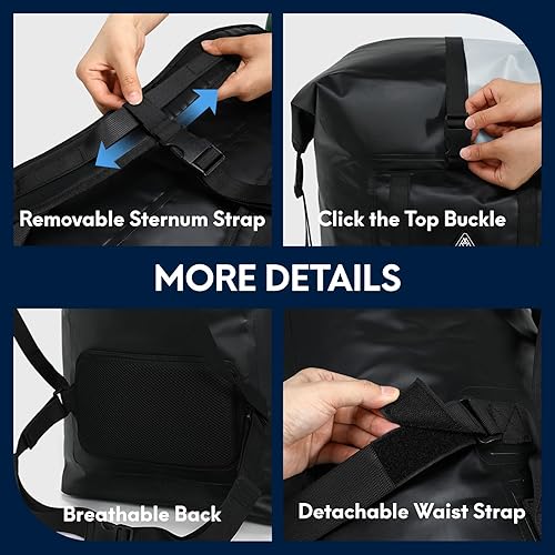 Miniatura 5 de Haimont Mochila impermeable 100L grande Roll Top Dry Mochilas Marine Dry Bags con válvula de aire Viaje Surf NegroGris