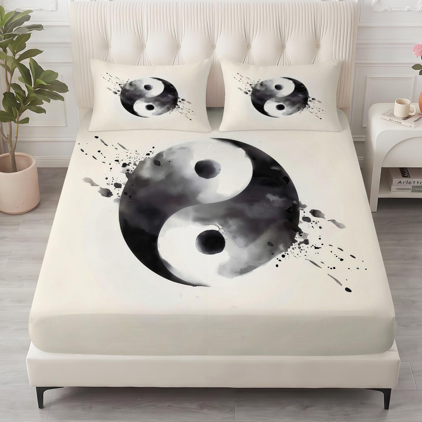 Juego de sábanas bajeras ajustables de 3 piezas, 180 x 200 cm, diseño oriental de tai chi, de microfibra, suave, suave, con 2 fundas de almohada de 80 x 80 cm, colchones de hasta 30 cm