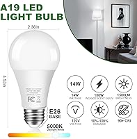 Vista 5 de 100Watt Equivalent LED Light Bulbs 5000K Daylight, Dimmable A19 LED Light Bulbs 14W 1500LM Bright LED Bulbs with E26 Standard Medium Base for Home