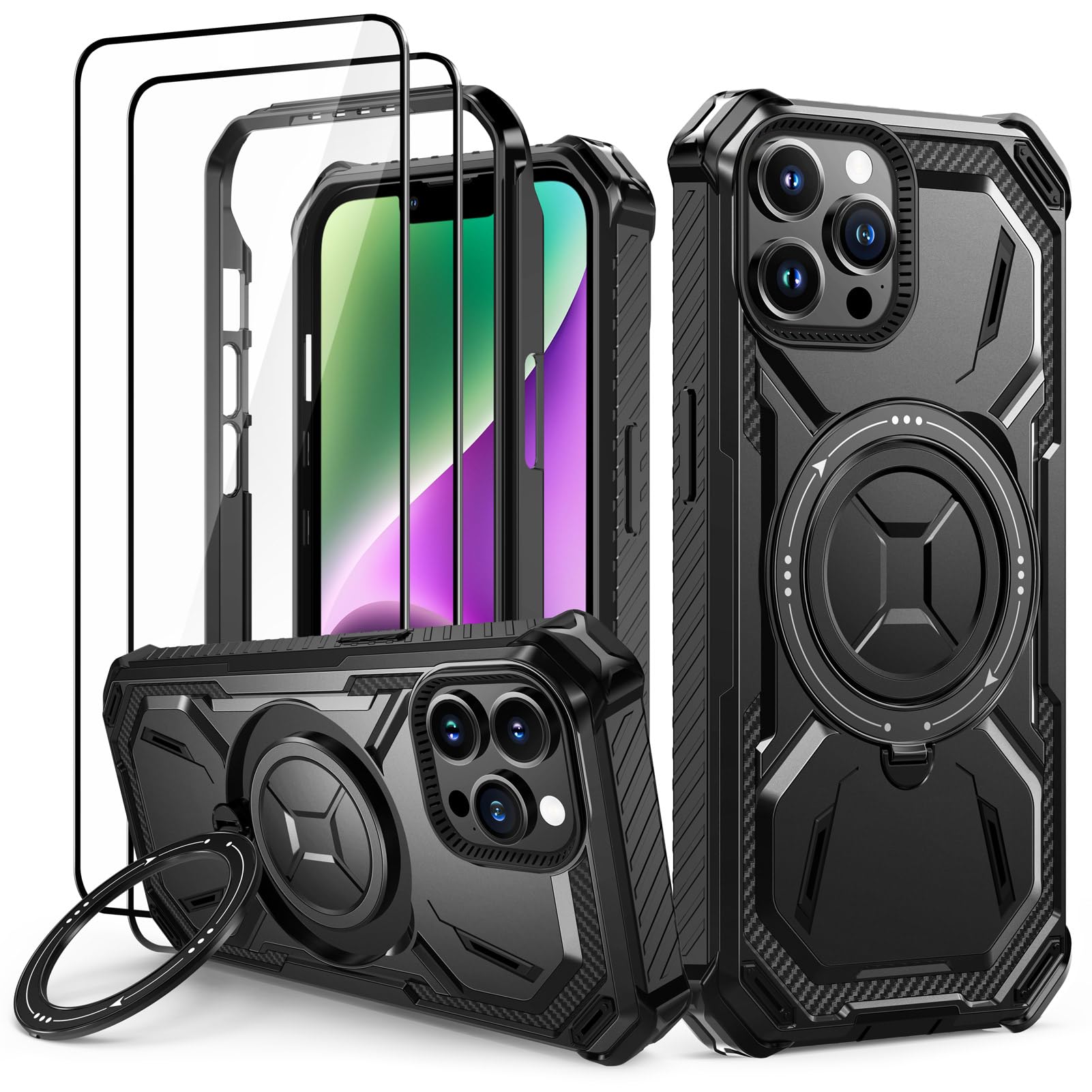 Lanhiem Cover per iPhone14 PRO con 2 Pezzi Vetro Temperato, 6FT Antiurto Anticaduta Militare,Supporto Magnetico Anello a 360° Protezione Armor Protezione, Custodia per iPhone 14 PRO, Nero