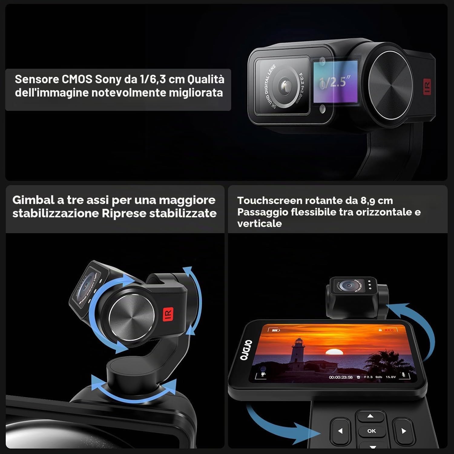 ORDRO Set portatile M5 con stabilizzazione a 3 assi, telecamera Vlog WiFi portatile con visione notturna IR, grandangolo 120° e riconoscimento facciale per YouTube
