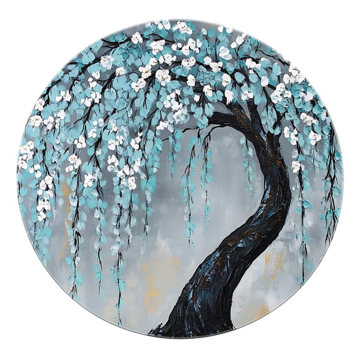 Tapis rond lavable et antidérapant de 180cm avec motif fleurs bleu et blanc